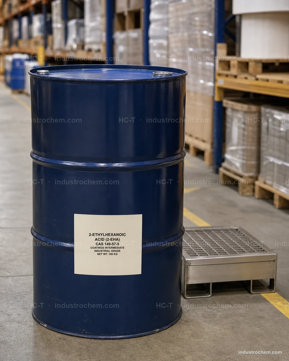 2-Ethylhexanoic acid 2-EHA CAS 149-57-5 in an industrial steel drum