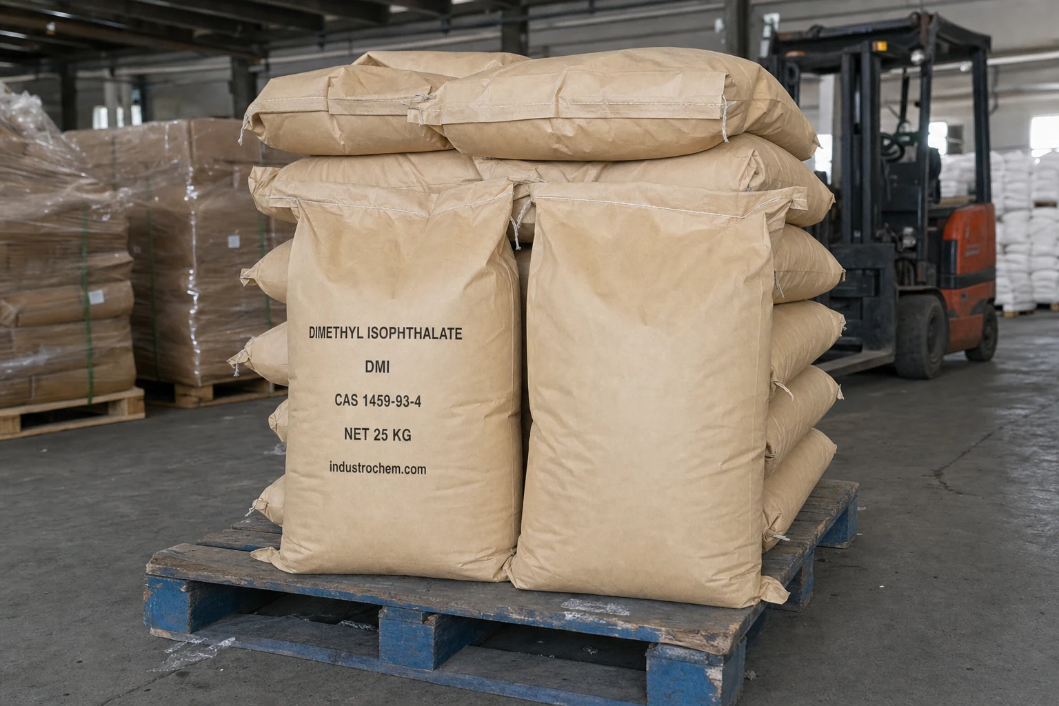 dimethyl-isophthalate-dmi-cas-1459-93-4-25kg-warehouse Dimethyl Isophthalate (DMI) CAS 1459-93-4 — 25 kg industrial bags on pallet